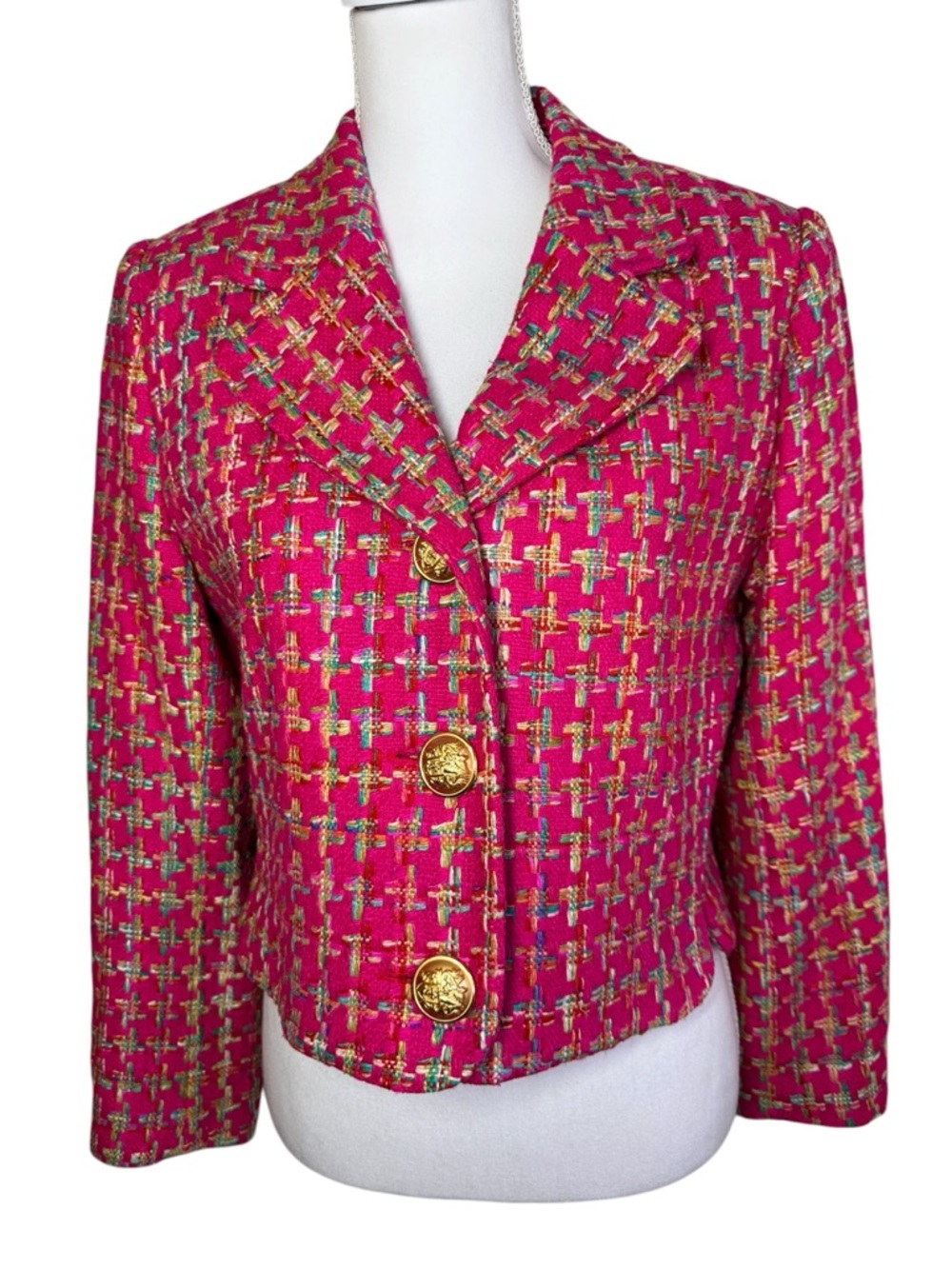 Ann May 100% Silk Pink Tweed Blazer Gold Button Size 6 Vintage Chanel Style